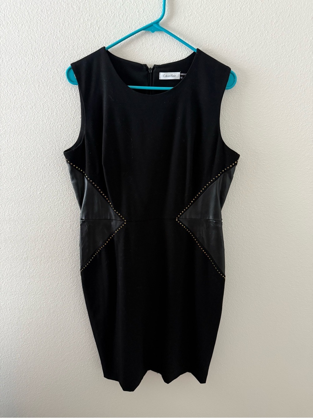 Calvin Klein Black Sleeveless Sheath Dress with Faux-Leather Panels